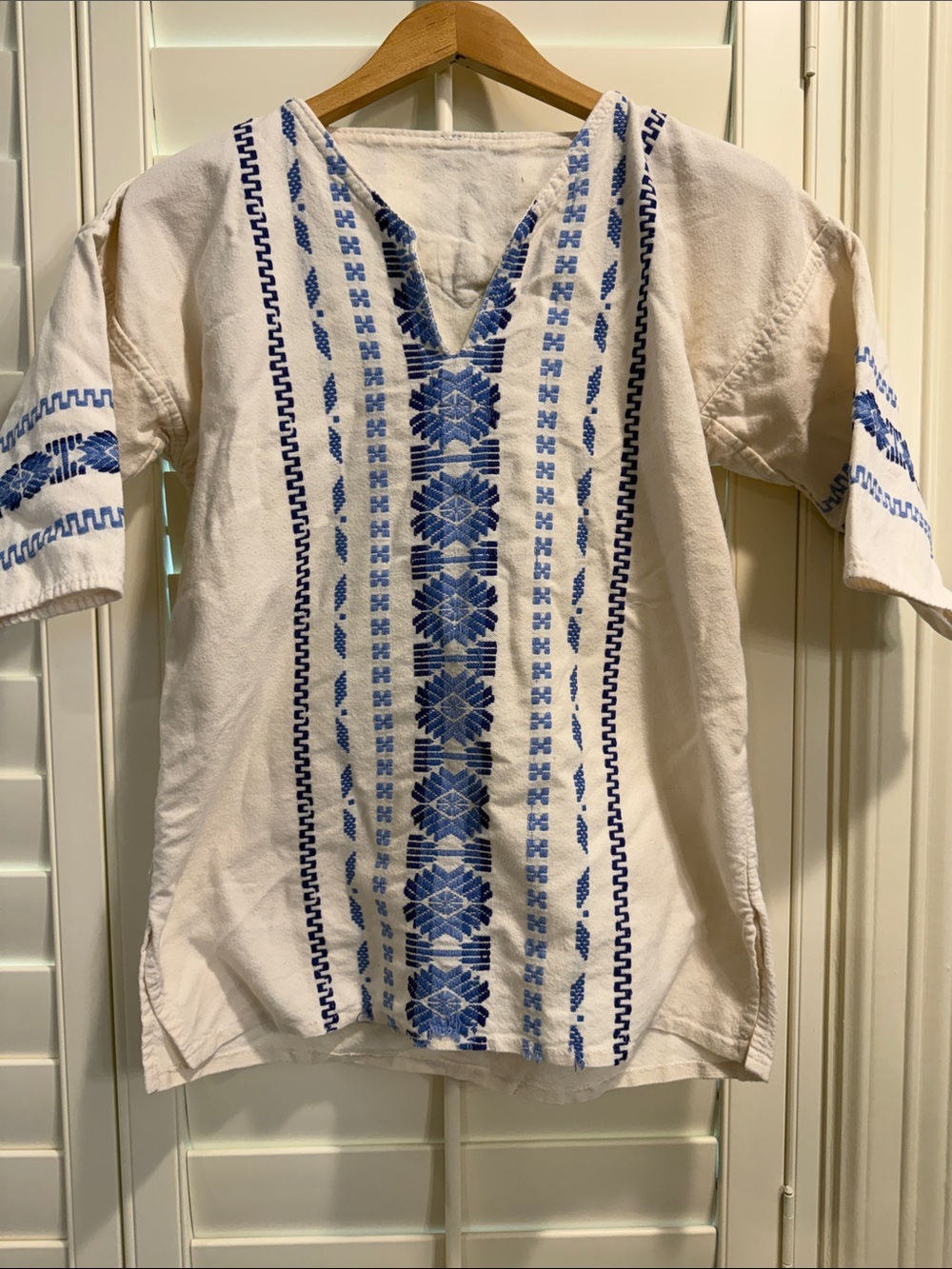 Embroidered V-Neck Tunic Top - Blue on Cream